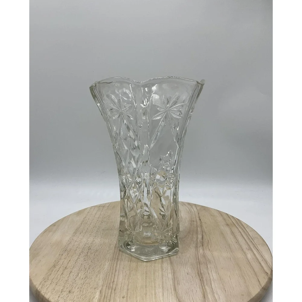 Clear Pressed Glass Flower Vase Starburst Pattern Hexagon VTG Decor Centerpiece